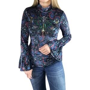 New WE THE FREE Top SP Velour Velvet Sequin Beaded Paisley Flare-Long-Sl”L’Amour